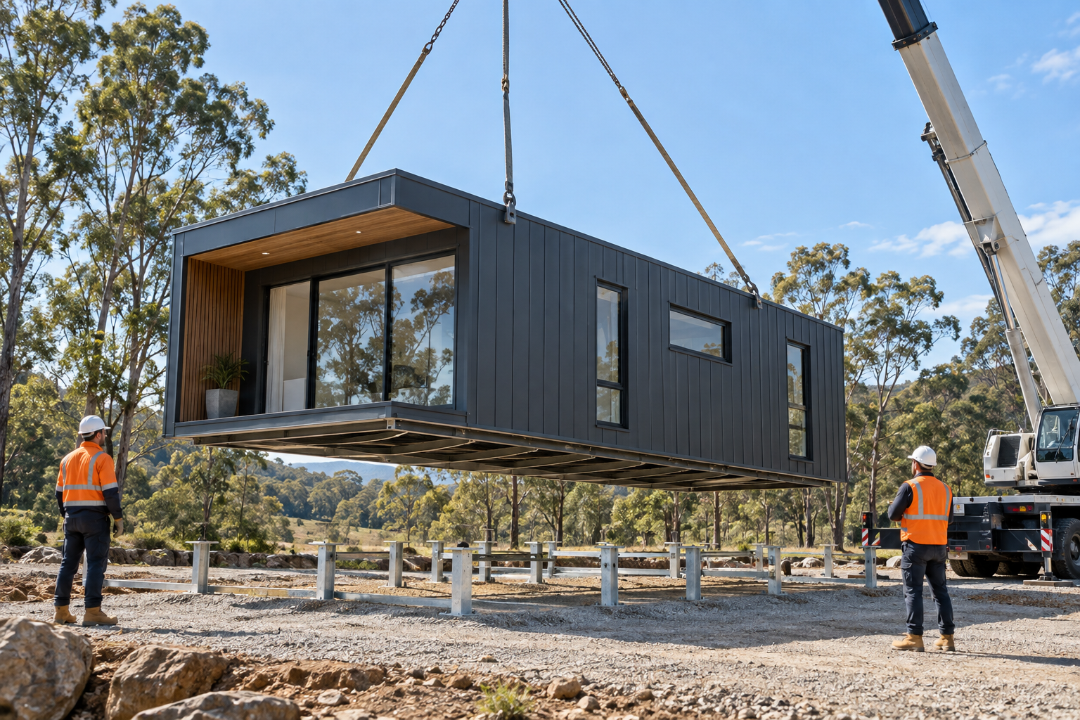 Purpose-built modular steel home being installed by crane