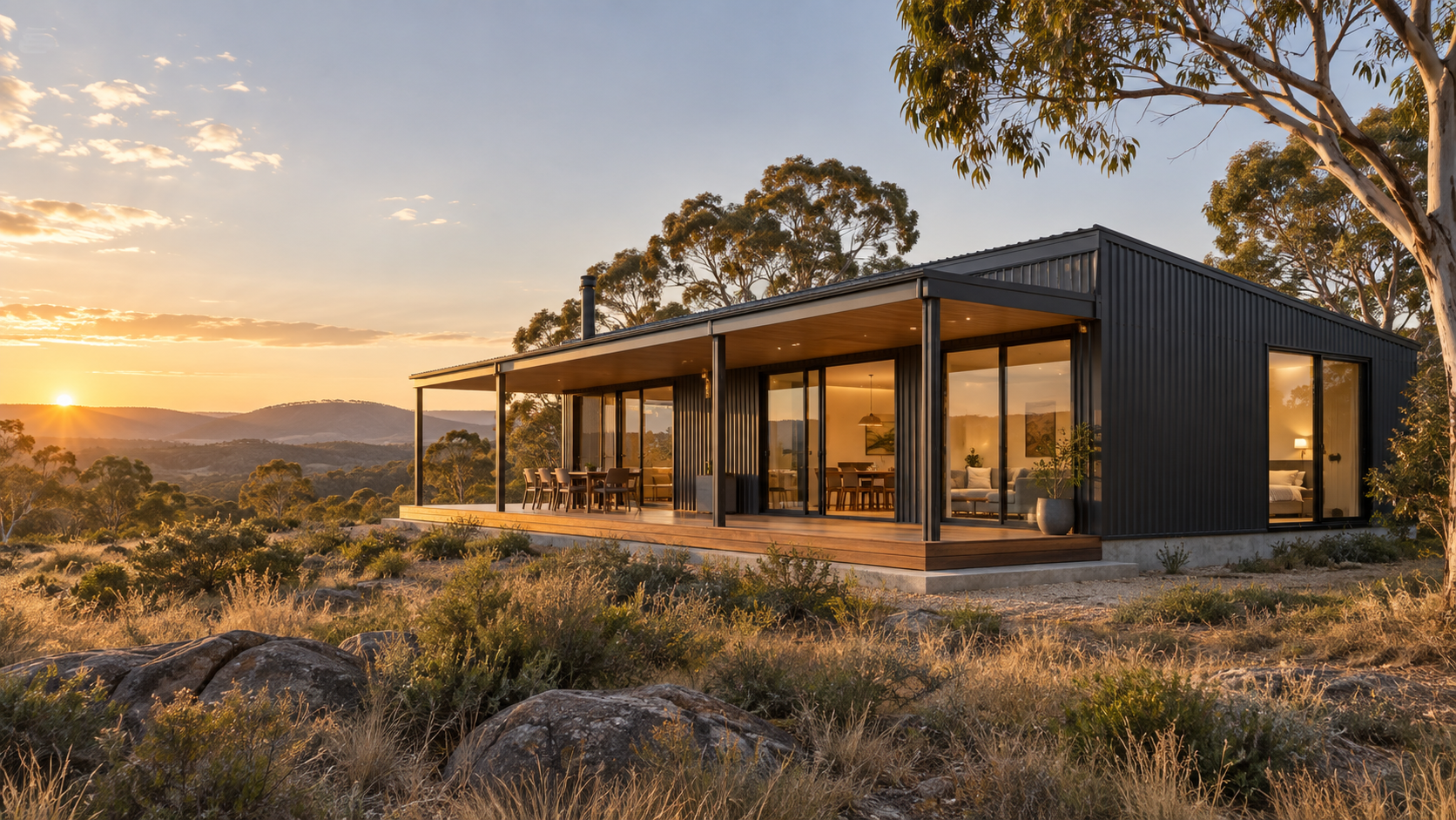 Purpose-built charcoal modular steel home in an Australian landscape